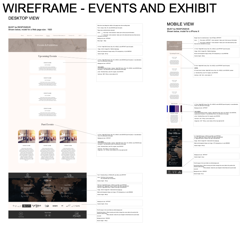 Anita Diamonds wireframe - Events and Exhibitions page